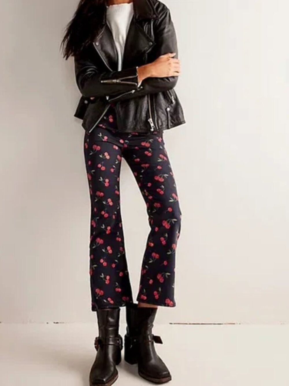 We the Free People In My Feelings Cherries Print Black Crop Slim Flare Pants XS